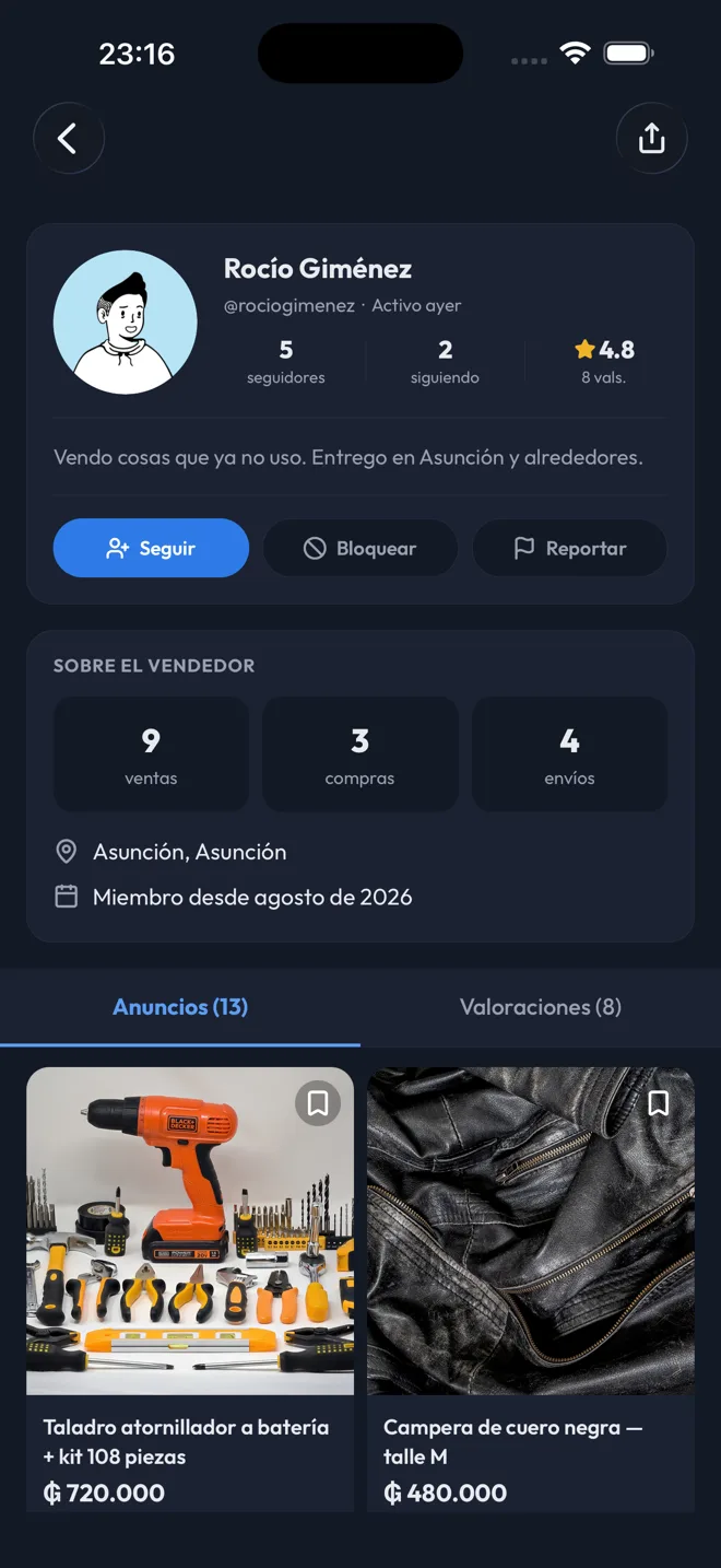 Perfil de una vendedora en Vento con sus seguidores, sus opiniones y su actividad