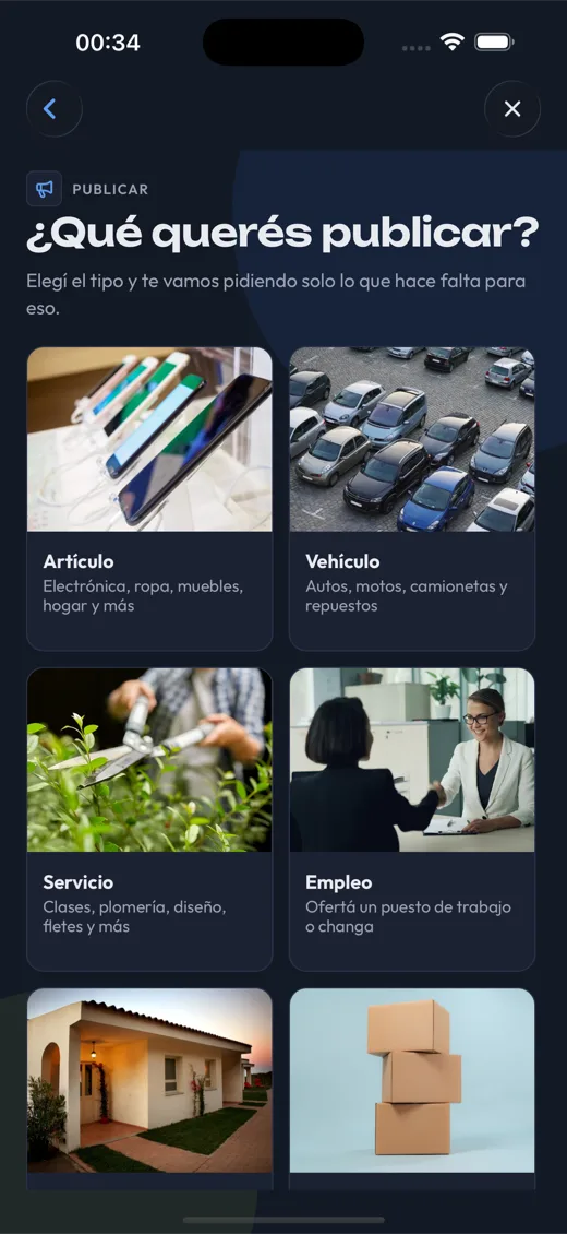 Pantalla de Vento para elegir entre publicar un artículo, un vehículo, un servicio o un empleo